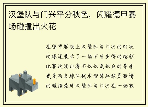 汉堡队与门兴平分秋色，闪耀德甲赛场碰撞出火花
